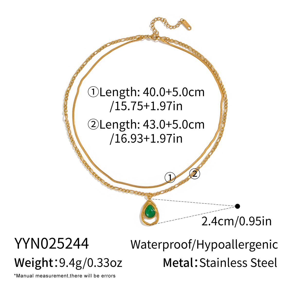 Elegant Natural Stone Waterdrop Green Double Layer Necklace Fashionable Stainless Steel 18K Gold Plated Women's Jewelry Accessory