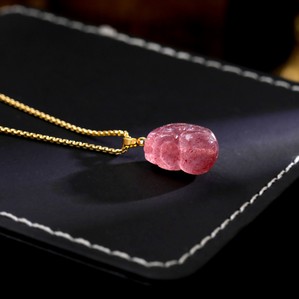 Trendy Accessories Sweater Chain Pink Strawberry Crystal Tassel Pendant Yellow Jade Necklace For Women