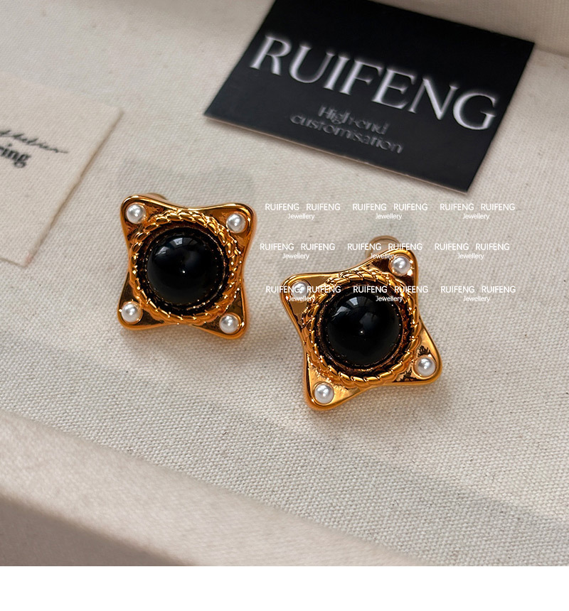 Fashionable Square Black Agate Pearl Stud Earrings Luxury Simple Stylish European Style Women's Jewelry Accessories