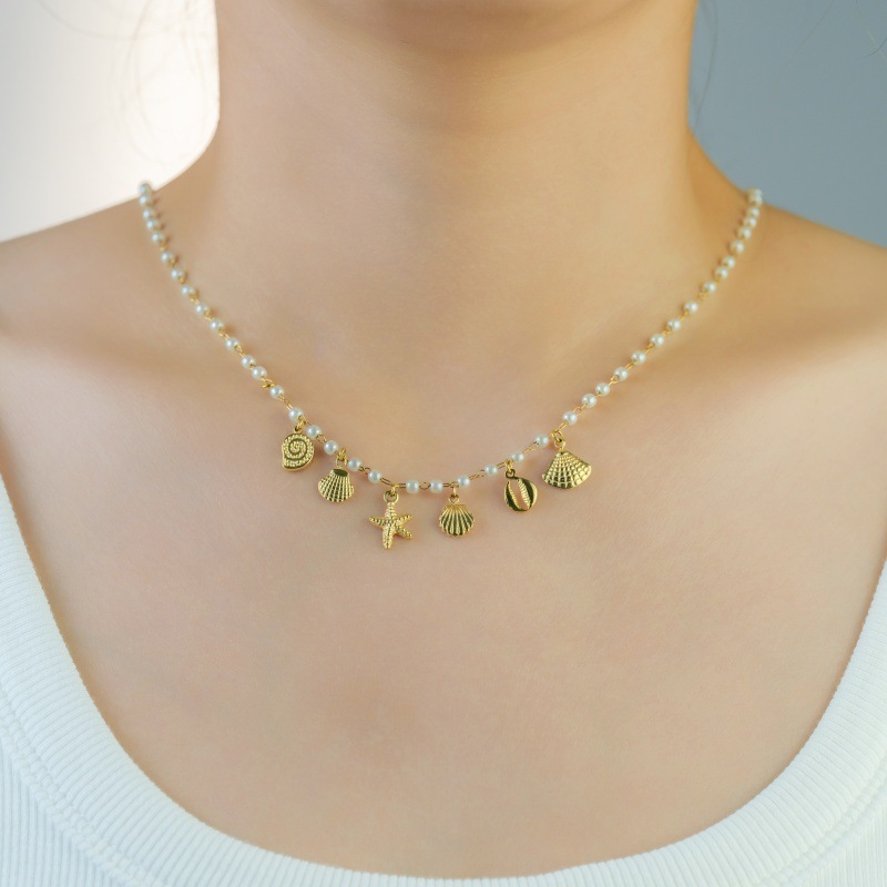 Ocean Element Vacation Style Titanium Steel Starfish Shell Pendant Pearl Necklace Women's Luxury Lightweight Jewelry