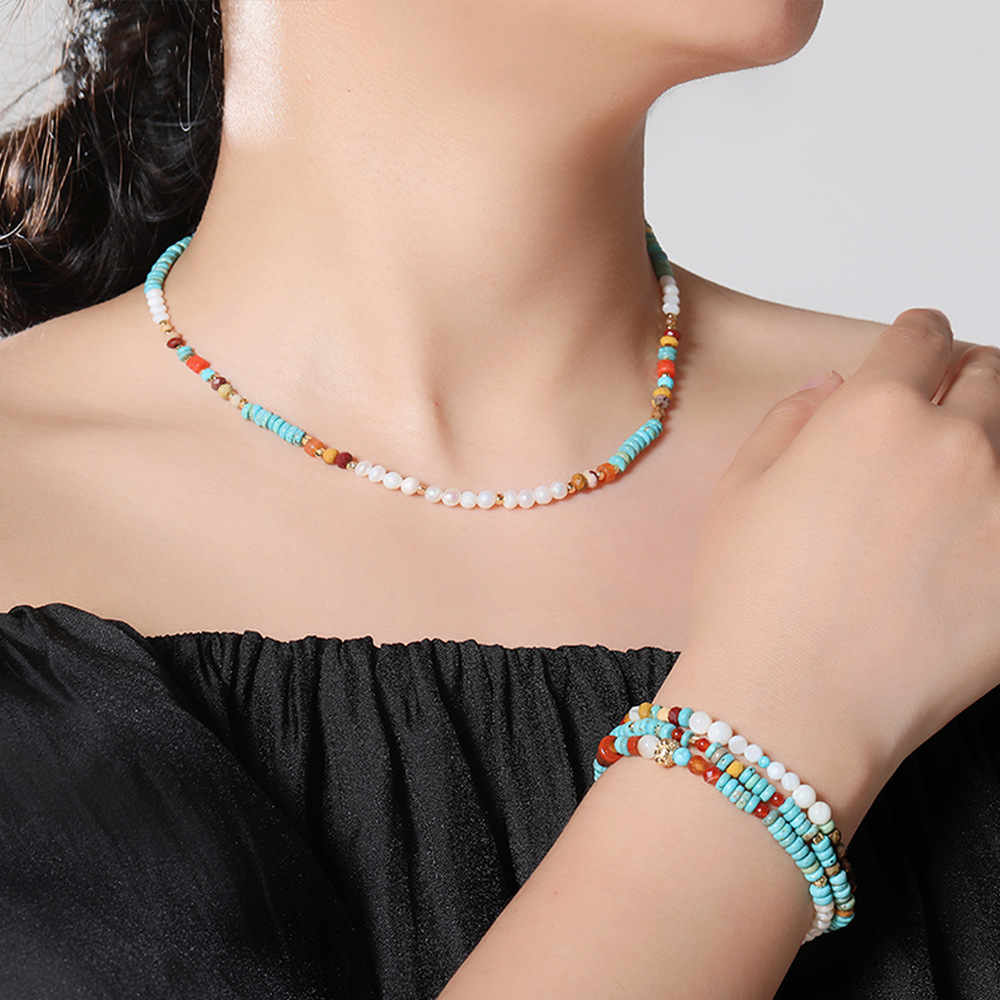 Natural Colorful Turquoise Beaded Necklace Women's Round High-End Minimalist Pearl Set Luxury Sensation Geometric Pattern Design