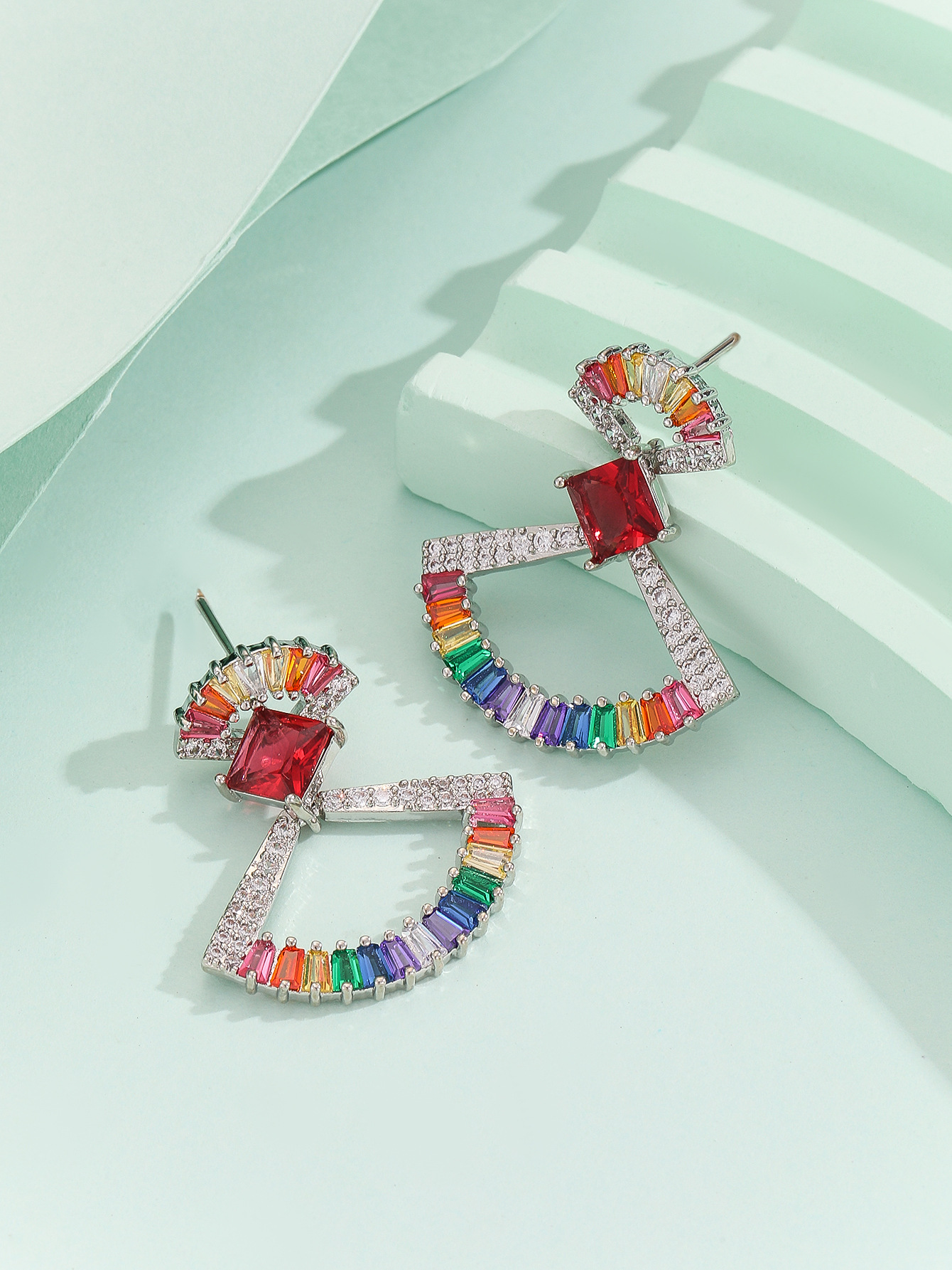 Elegant Long Colorful Zirconium Earrings For Women Geometric Pattern Copper Material Ins Style Star And Fan Shaped Plated Jewelry