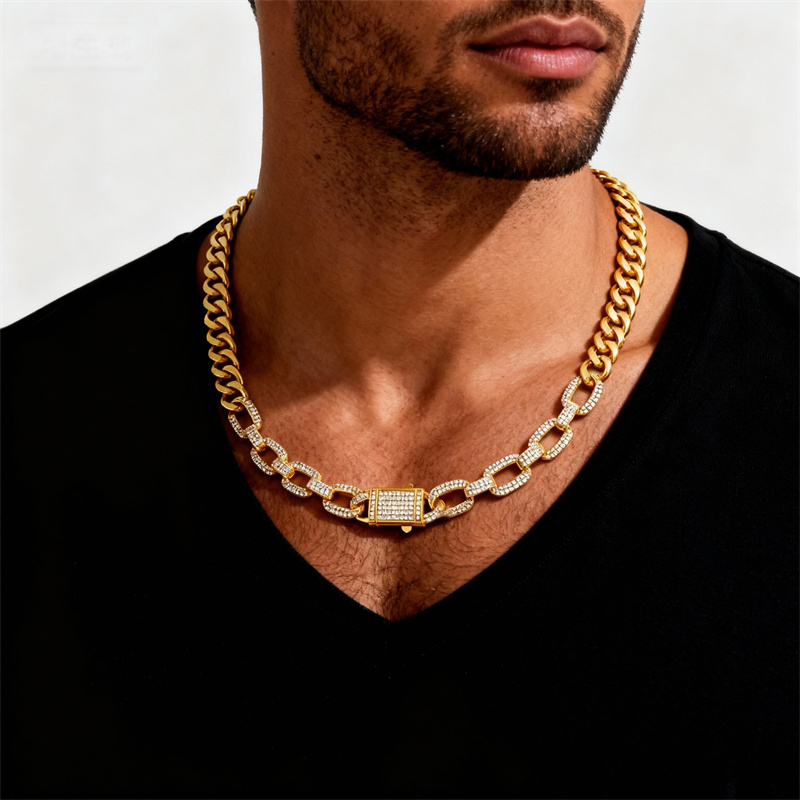 High-Quality Classic Geometric Cuban Necklace With Copper Inlaid Zircon, Suitable For Both Men And Women, Imitation Gold Plated