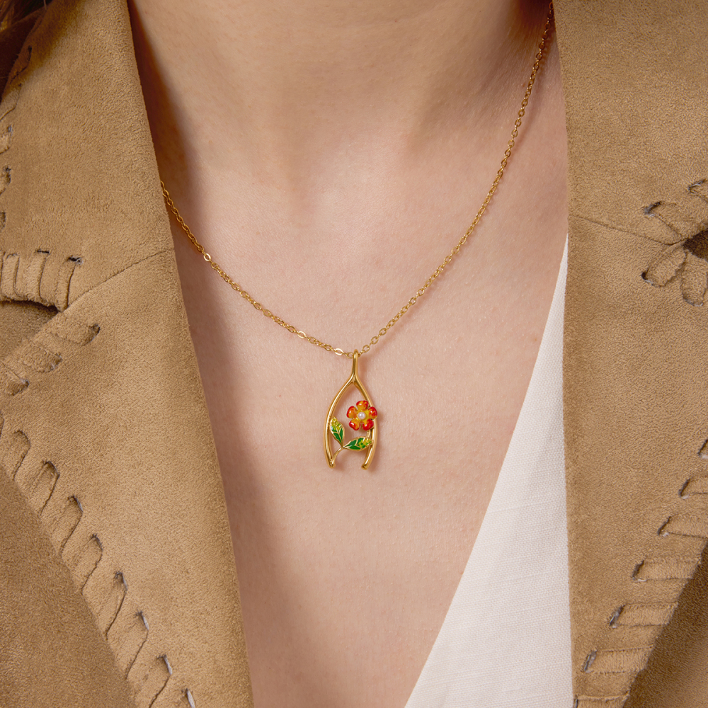 Women's Classic Style 18K Gold Stainless Steel + Shell Pearl + Oil Drop / Shell Pearl Oil Drop Flower Thanksgiving Lucky Wish Bone Y-shaped Pendant Necklace 45+5CM