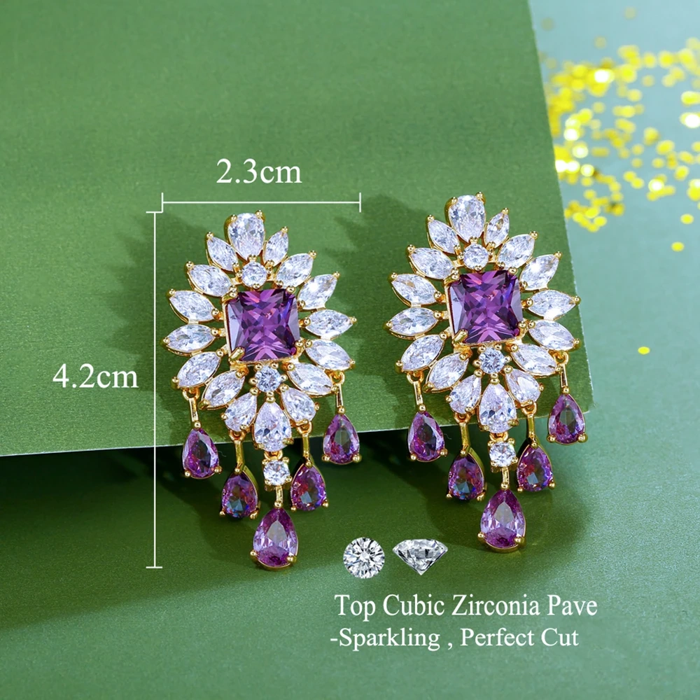 Quality Charming Purple CZ Crystal Big Flower Long Drop Tassel Earrings For Women Fashion Dancing Party Jewelry