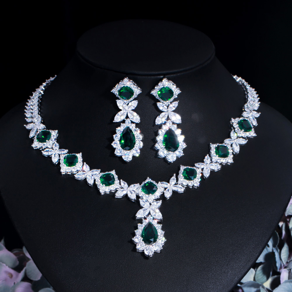 Ruili Flower Zircon Necklace And Earrings Set For Women, Emerald Gemstone Wedding Dress Jewelry Accessories, Water Plating