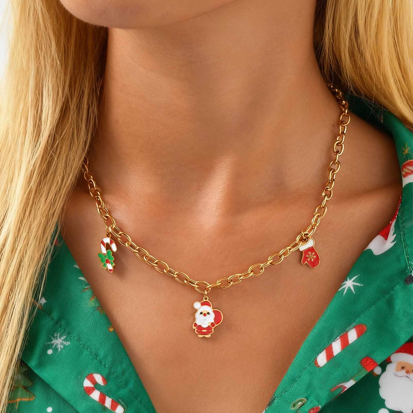 18K Gold Plated 201 Stainless Steel Round Cross Chain Santa Claus Christmas Tree Christmas Stocking Necklace Women's Jewelry Christmas Gift Lobster Clasp