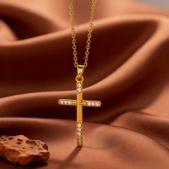 X0828 [Copper Pendant] Inlaid Diamond Cross Necklace - Gold