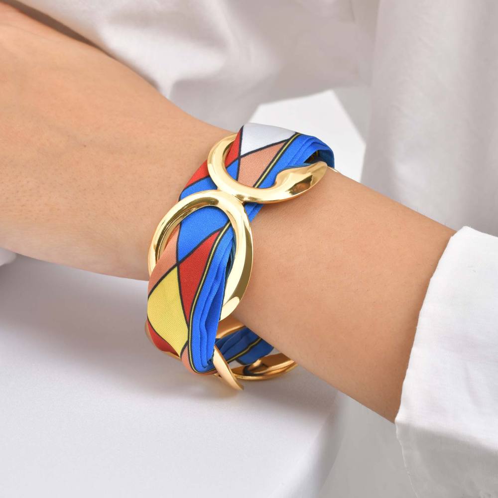 Water Plated Imitation Gold 304 Stainless Steel Vintage Bohemian Style (Floral Print) Open Bracelet Matching Scarf Fashion Elegant Women's Accessories