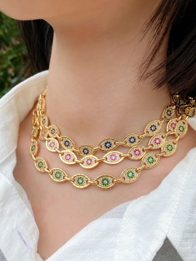 Fashionable High-End Copper Plated 18K Gold Evil Eye Bracelet Necklace Set  Style Jewelry Accessories