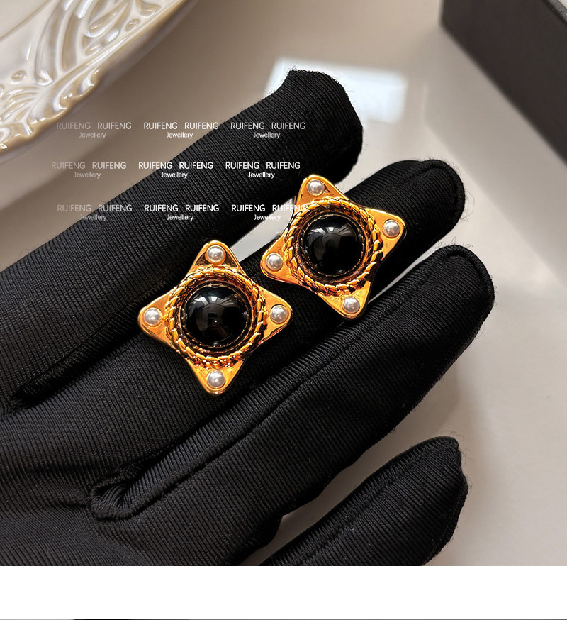 Fashionable Square Black Agate Pearl Stud Earrings Luxury Simple Stylish European Style Women's Jewelry Accessories
