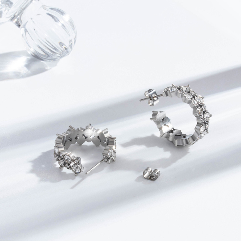 Titanium Steel C-shaped Vintage Earrings Minimalist Diamond Micro-inlaid Women's Jewelry