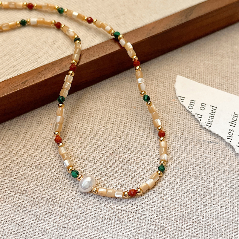 Titanium Steel Natural Stone Shell Freshwater Pearl Necklace Women Elegant Luxury Fashion Pendant Clavicle Chain Geometric Pattern