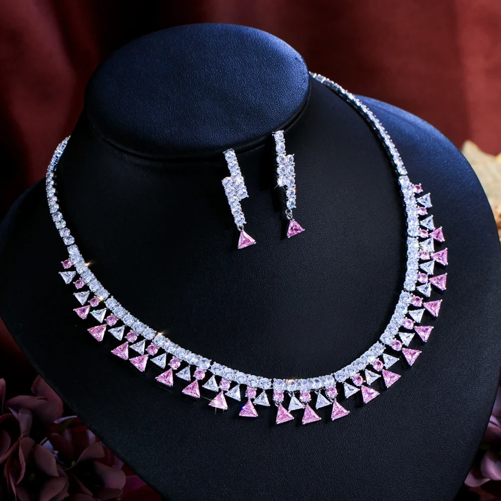 White Plated Gold Geometric Shape Inlaid White Zircon Necklace Earring Set For Women Copper Jewelry Two-Piece Set Water Plated Tennis Chain (Full Diamond Chain) Jewelry Set For Women