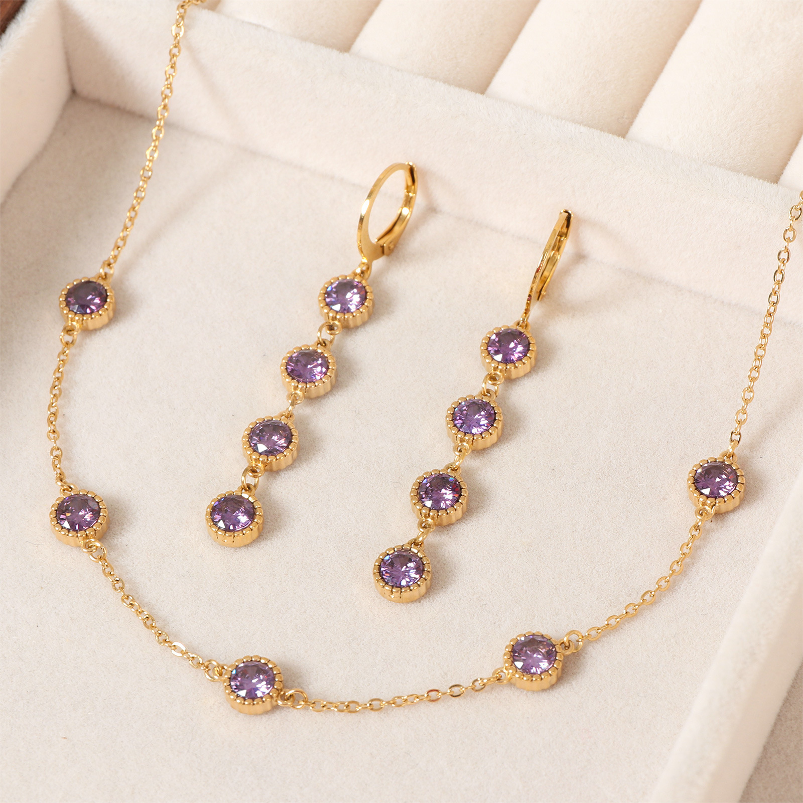 Fashion Round Zircon Necklace Set For Women, Non-Fading Summer Accessories, New 304 Stainless Steel Titanium Steel Geometric Pattern Jewelry Set