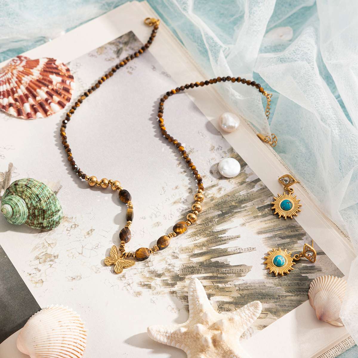Ladies Classic Style 18K Gold Stainless Steel Butterfly Pendant Tiger Eye Stone Beaded Necklace 42+5CM Butterfly Chain Design