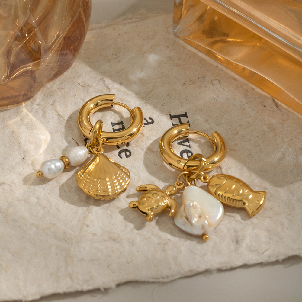 Elegant Fashion Jewelry Turtle Fish Shell Pearl AB Style Stainless Steel Non-fading Beach Accessories Earrings For Women