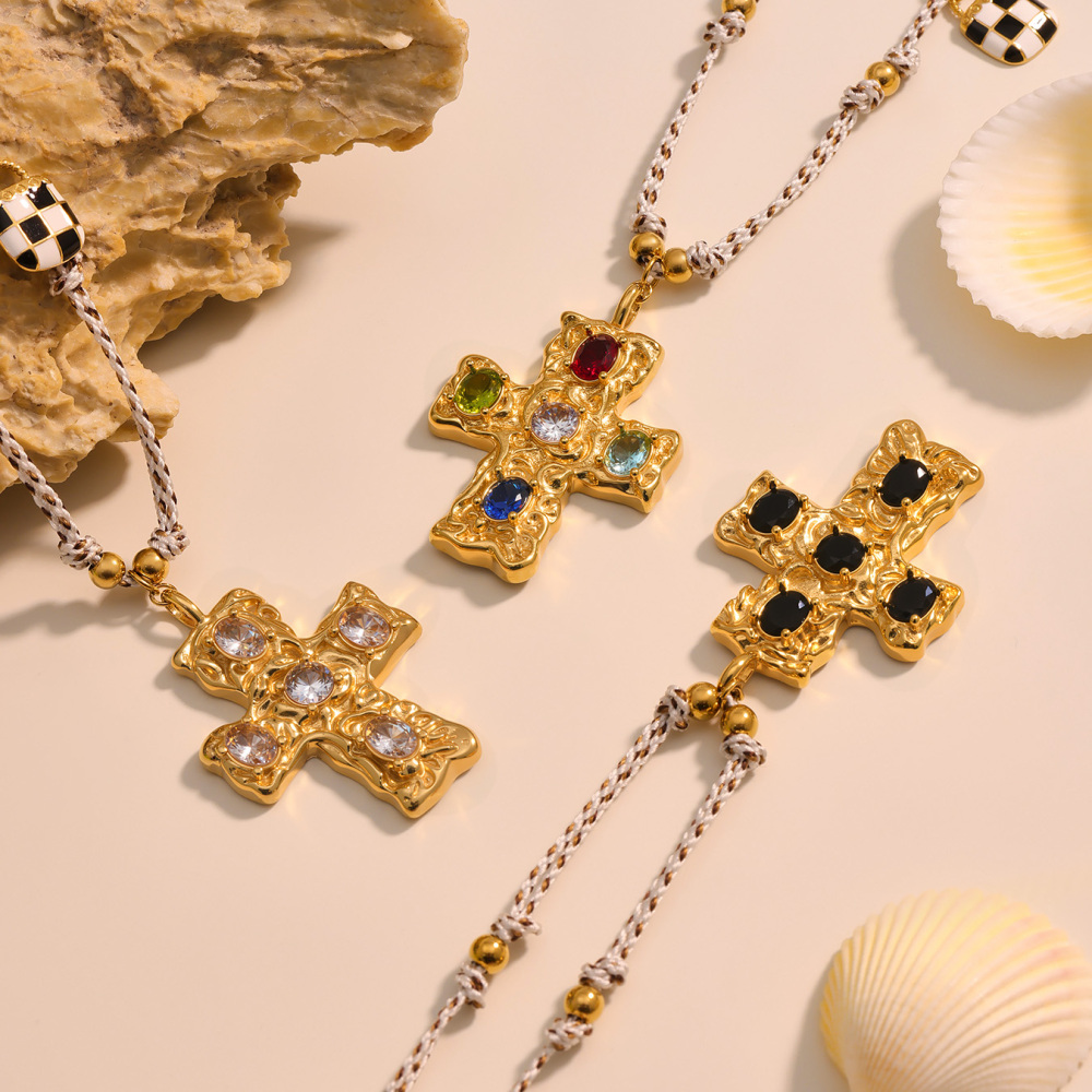Stainless Steel Cross Pendant Necklace With Multiple Accessories Natural Stone Long Necklace Jewelry For Women Elegant And Glowing