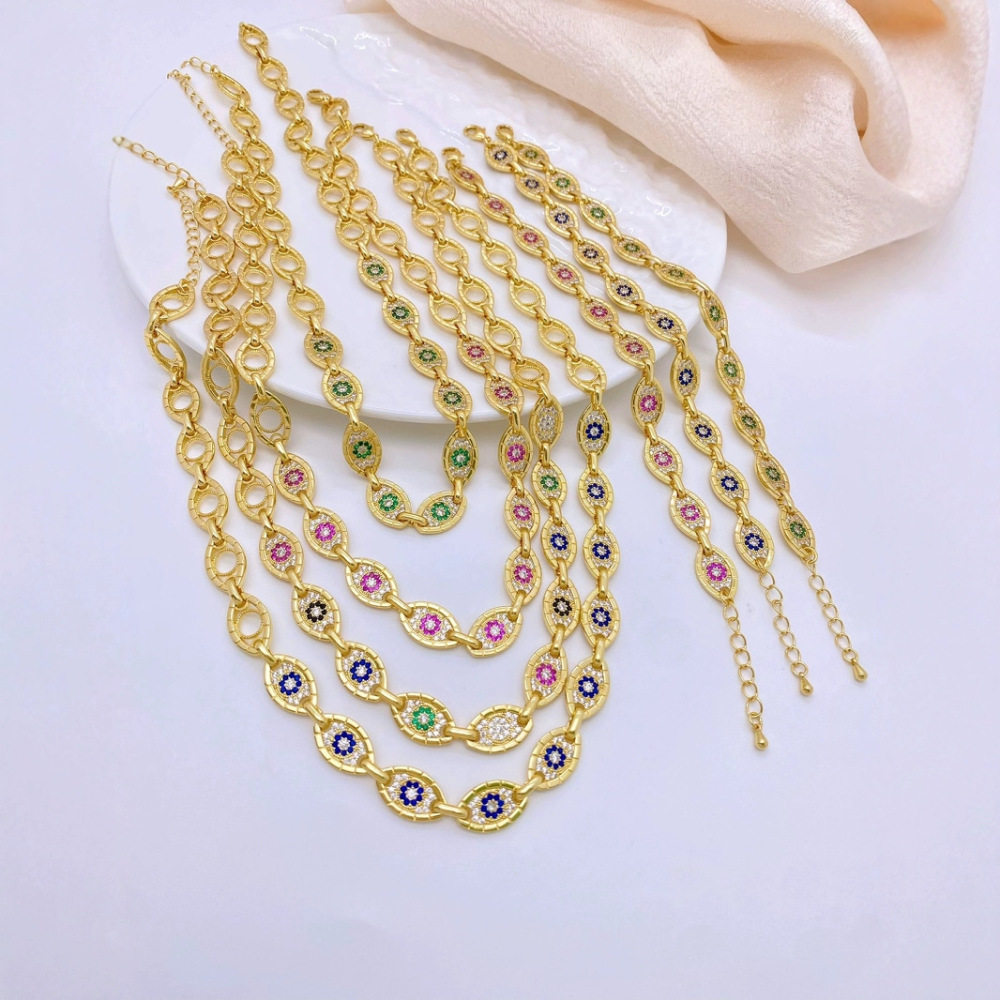 Fashionable High-End Copper Plated 18K Gold Evil Eye Bracelet Necklace Set  Style Jewelry Accessories