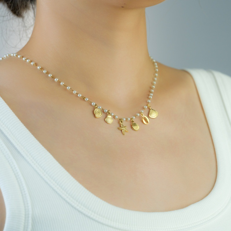 Ocean Element Vacation Style Titanium Steel Starfish Shell Pendant Pearl Necklace Women's Luxury Lightweight Jewelry