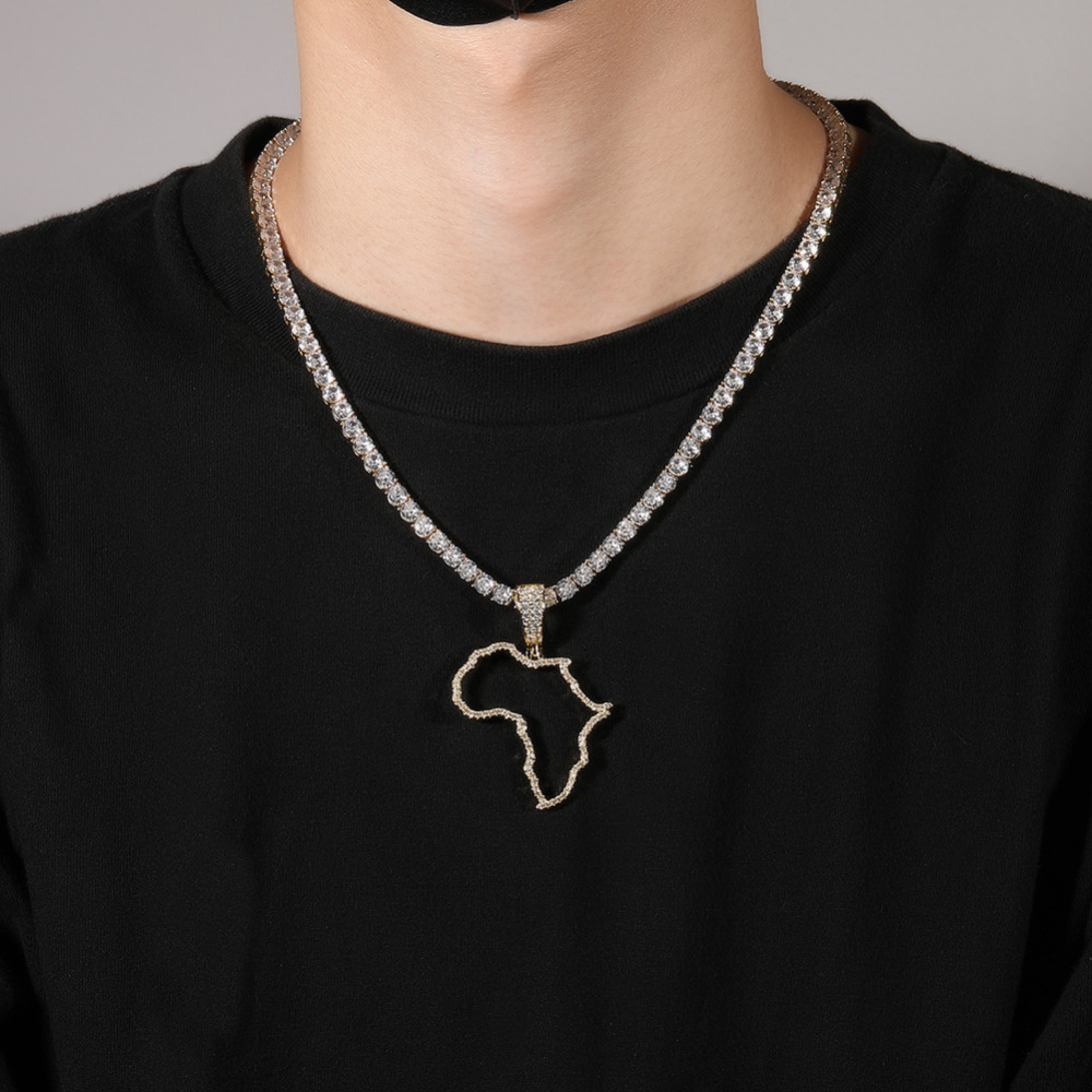 Fashion Hollow Copper Inlaid Zircon African Map Pendant Vacuum Electroplated 304 Stainless Steel Unique Design Hip Hop Style Fashion Accessories