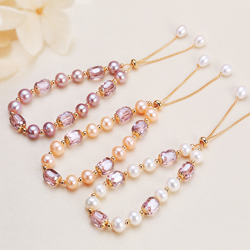 Natural Freshwater Pearl Bracelet Sweet Luxury Adjustable Purple Quartz Drawstring Small Luxury Geometric Pattern Women's Bracelet