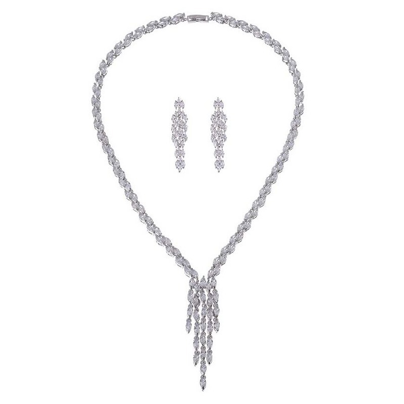 Zirconia Bridal Jewelry Set Earrings And Necklace Tassel Wedding Accessories Leaf Pattern Simplicity Designed For Women
