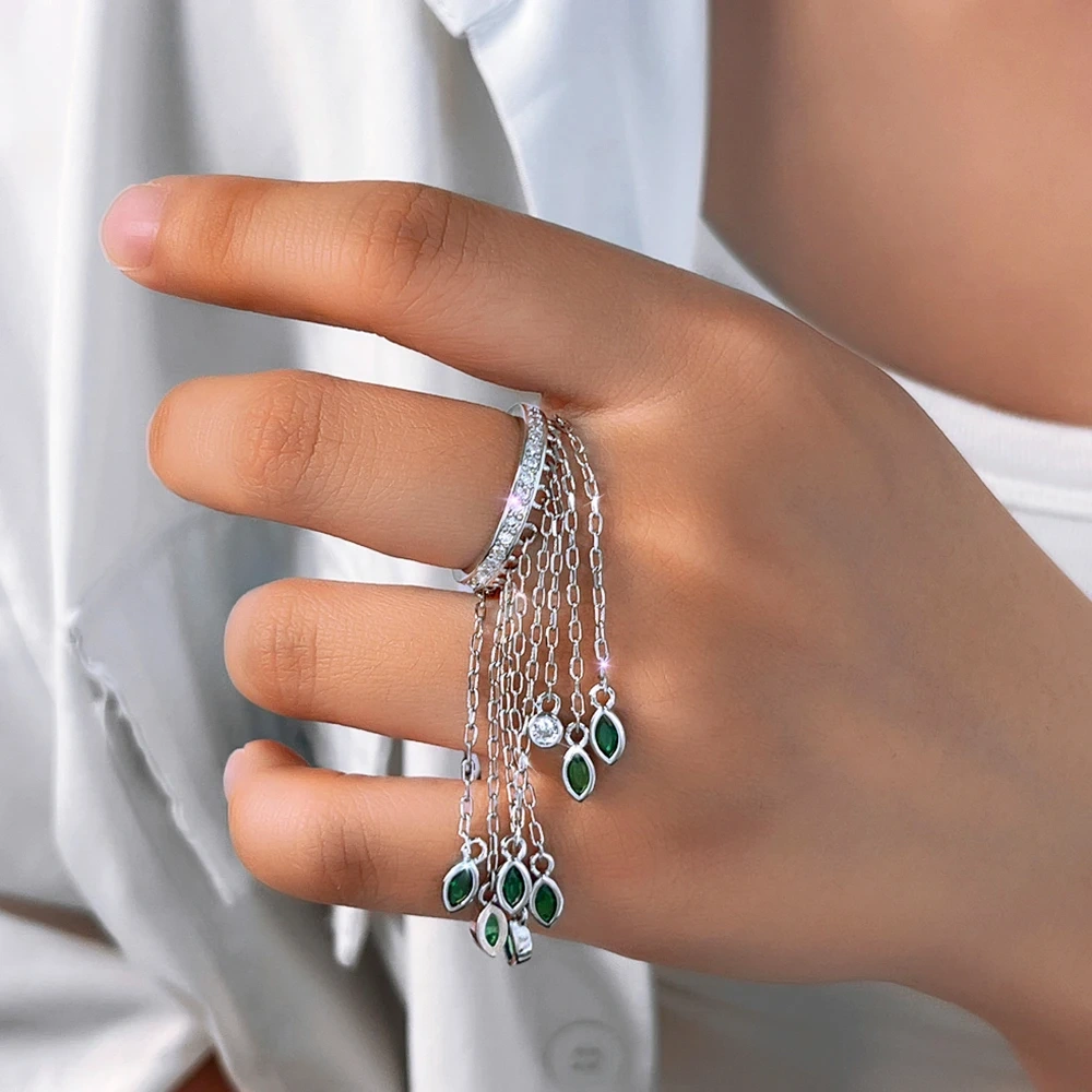 Copper Ring Women Luxury Green Cubic Zirconia Ultra Long Tassel Pendant Ring Fashion Party Dress Jewelry Accessories