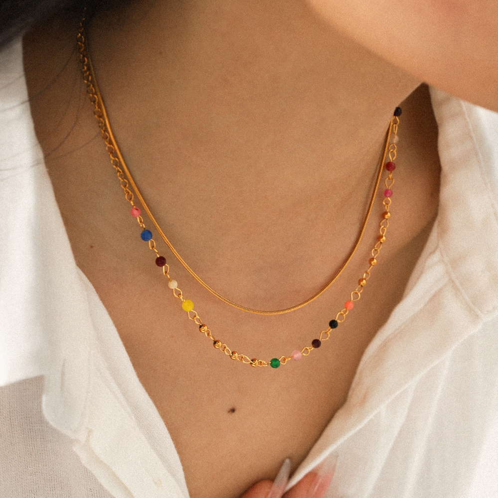 French Double Layer 304 Stainless Steel Necklace Non-Fading Choker Titanium Steel Round Snake Chain Colorful Beaded Chain Bohemian Vacuum Electroplated 18K Real Gold Plated Accessories