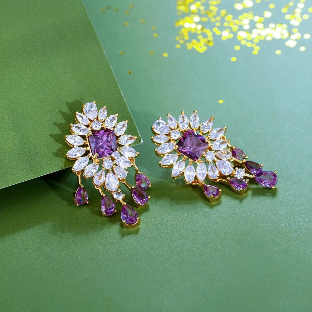 Quality Charming Purple CZ Crystal Big Flower Long Drop Tassel Earrings For Women Fashion Dancing Party Jewelry