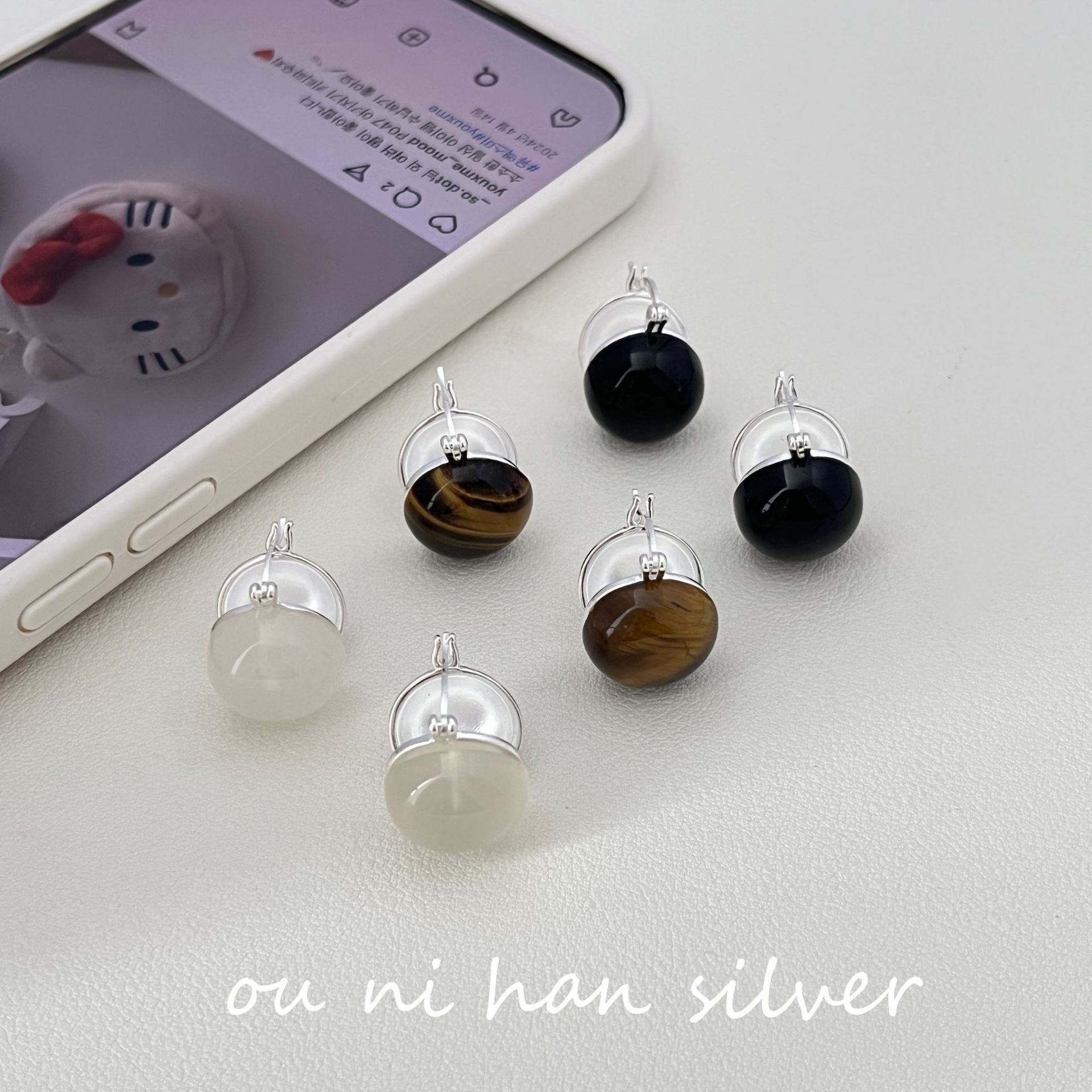 Eoni New Heavy Industry S925 Pure Silver Agate Tiger Eye White Opal Ear Cuffs Women Elegant High-End Feelings Geometric Pattern Cat's Eye Stone Inlaid Silver Earrings