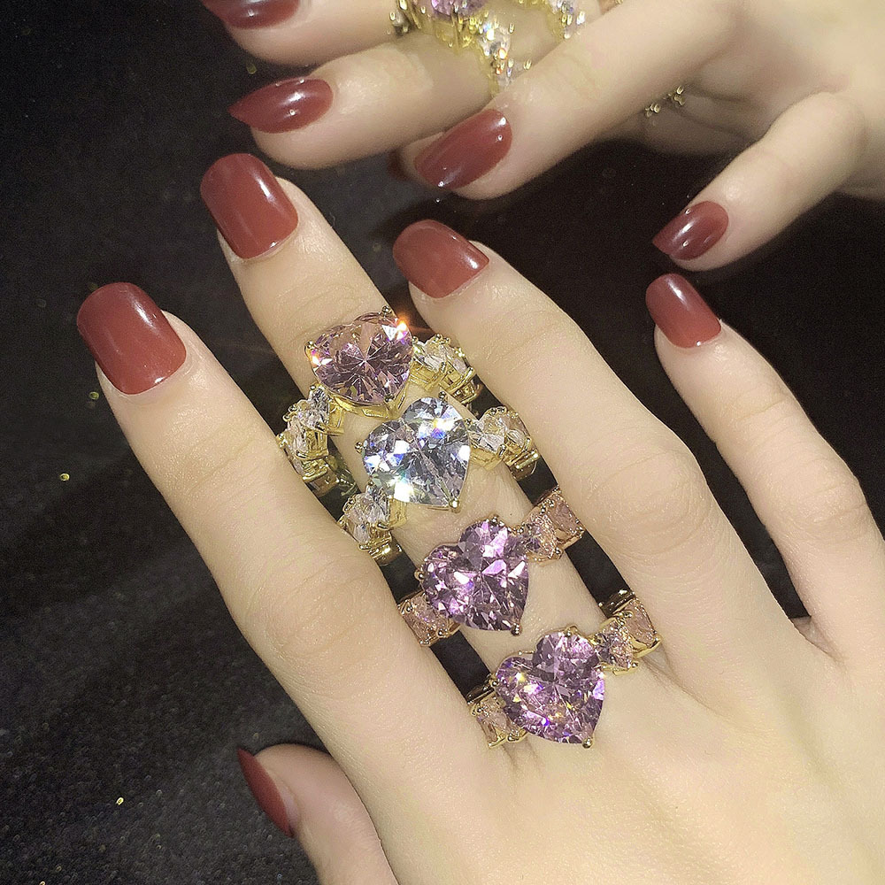 Inlaid Zircon Love Ring  Fashion Ornament Copper Plated Real Gold Ornament Hip Hop Ring Female Accessories Ornament Wholesale