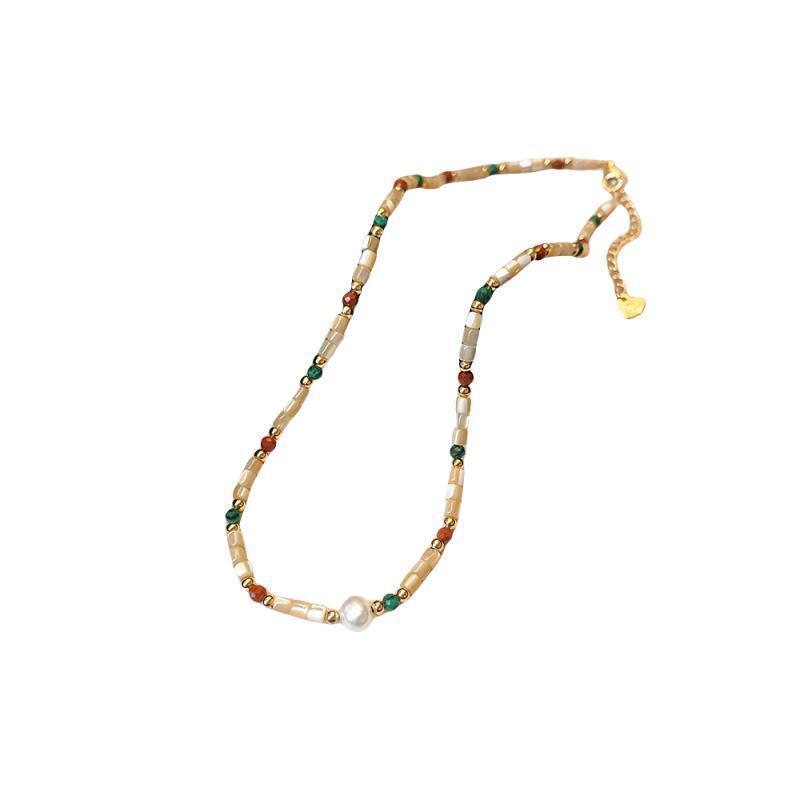 Titanium Steel Natural Stone Shell Freshwater Pearl Necklace Women Elegant Luxury Fashion Pendant Clavicle Chain Geometric Pattern