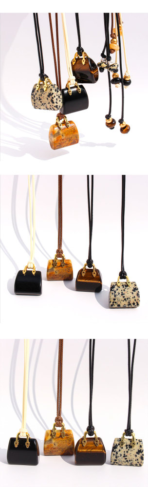 Natural Spotted Tiger Eye Stone Pendant Leather Rope Casual Long Necklace Adjustable Self-tying Sweater Chain Fashionable Ladies Holiday Style Accessories
