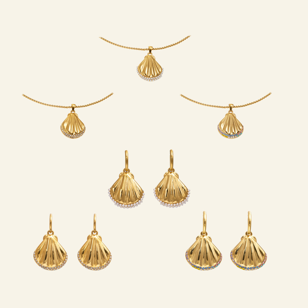 18K Gold Plated Titanium Steel Summer Ocean Style Pearl Earrings Necklace Set Women Casual Shell Craft Jewelry Accessories