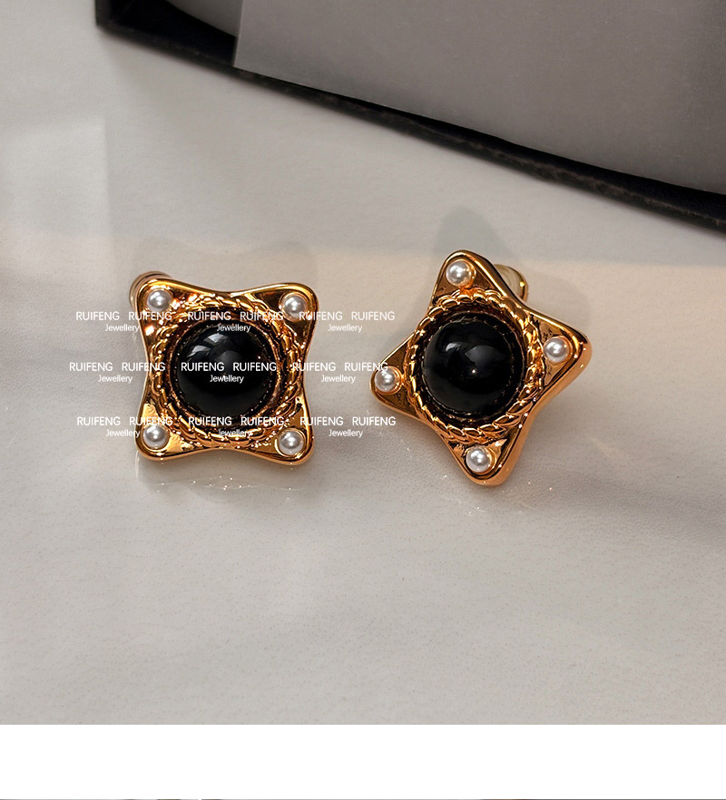 Fashionable Square Black Agate Pearl Stud Earrings Luxury Simple Stylish European Style Women's Jewelry Accessories