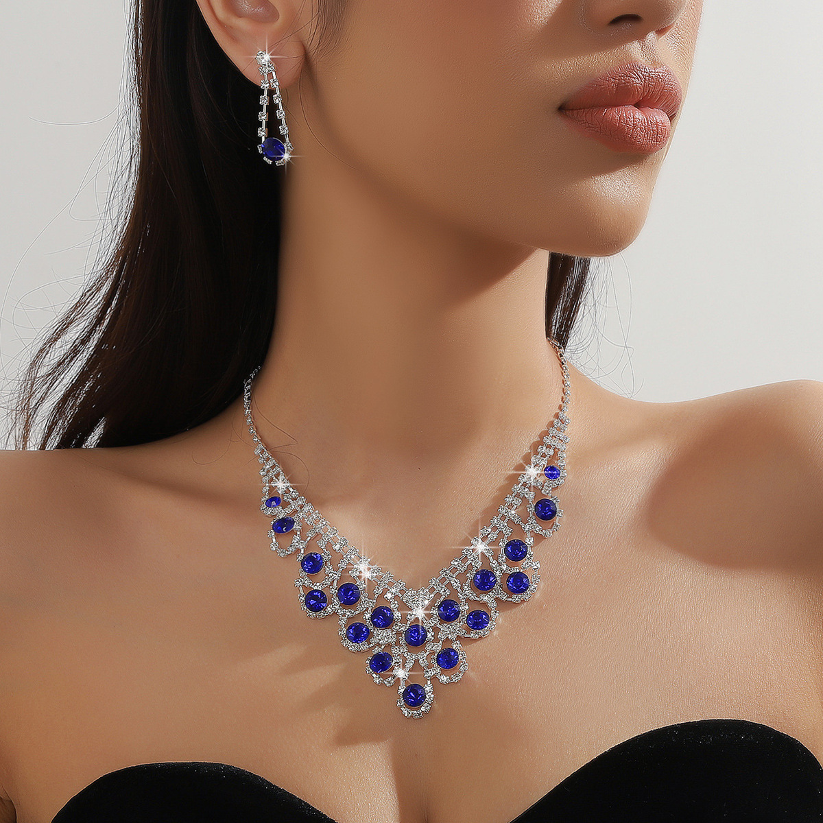 Pearl Rhinestone Necklace Earrings Set Ball Shape Dress Chain Polyester Material Printed Pendant Women Jewelry Accessories