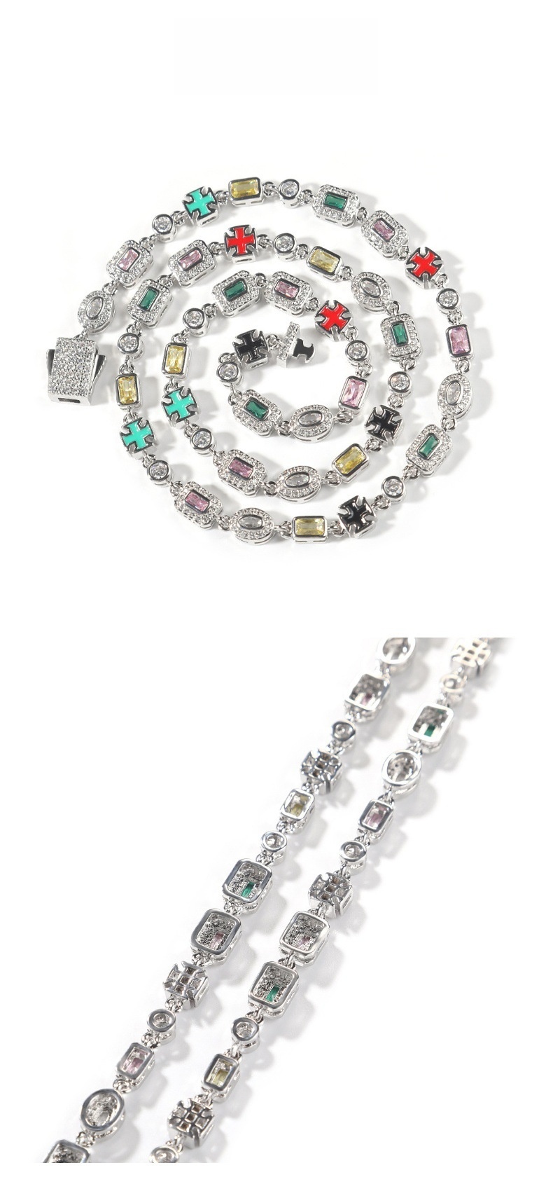 Colorful Gemstone Bracelet Unisex Hip-Hop Style Gold-Plated Copper Geometric Pattern Fashion Jewelry Inlaid Diamond Trendy Necklace Suitable For Men And Women
