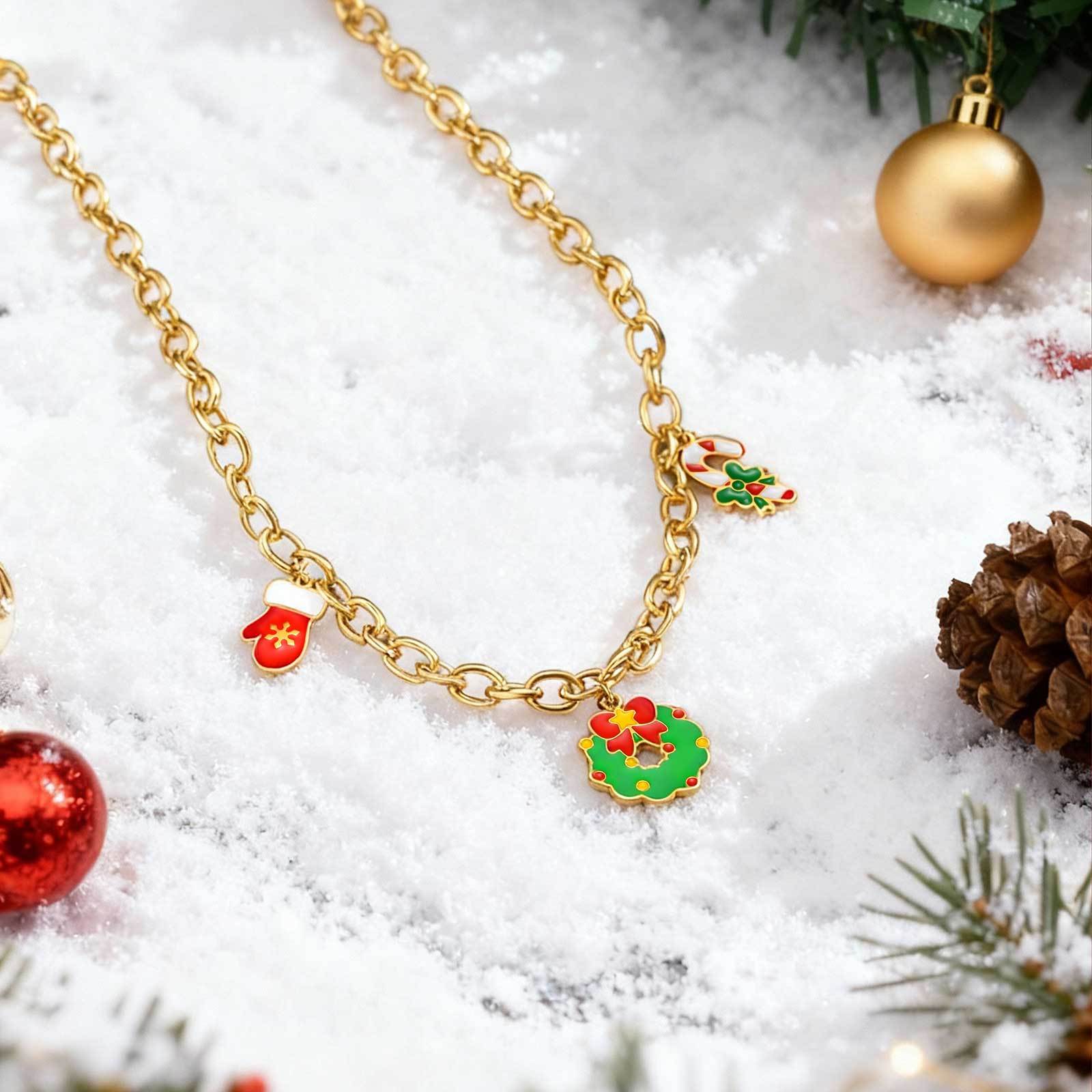 18K Gold Plated 201 Stainless Steel Round Cross Chain Santa Claus Christmas Tree Christmas Stocking Necklace Women's Jewelry Christmas Gift Lobster Clasp