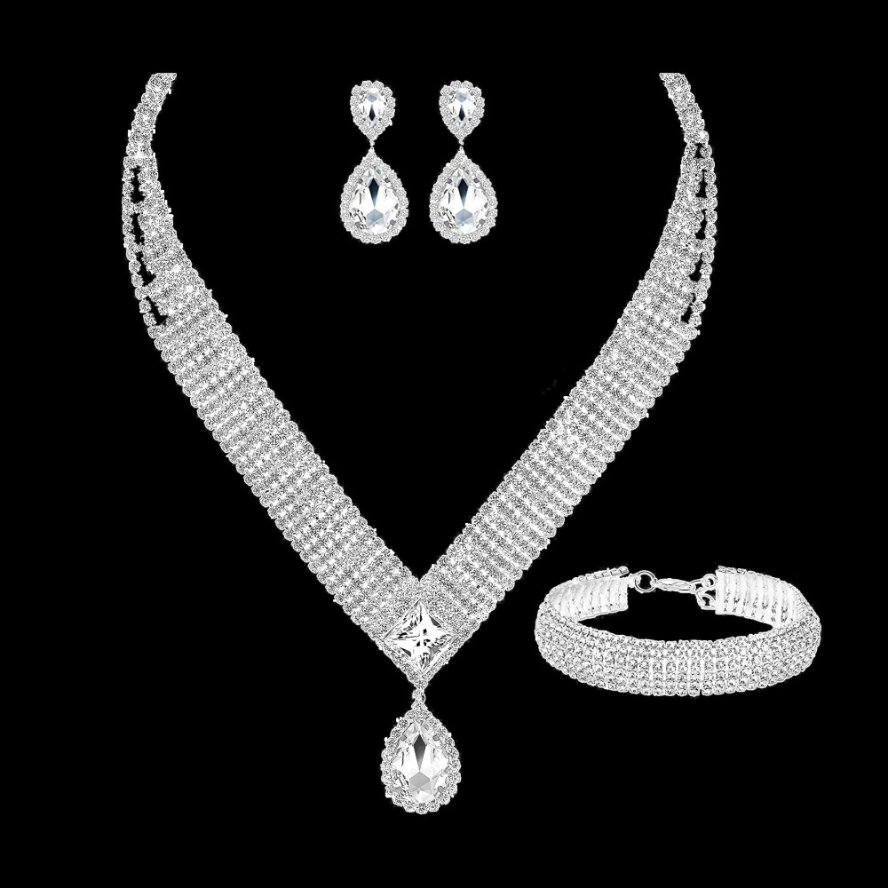 Luxurious Waterdrop Pendant Zircon Necklace Earring Set For Brides Wedding Dress Accessories Alloy And Crystal Light Luxury Style