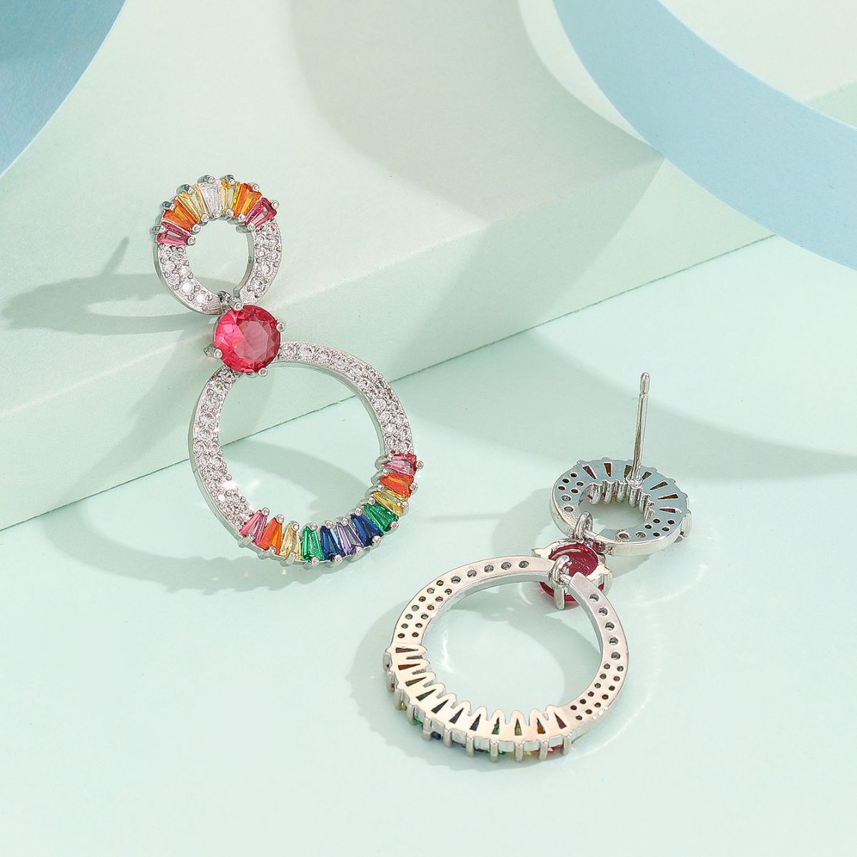 Fashion  Style Earrings Micro Inlaid Colorful Zircon Earrings Super Sparkling Double Hoop Round Personality High-end Temperament Earrings