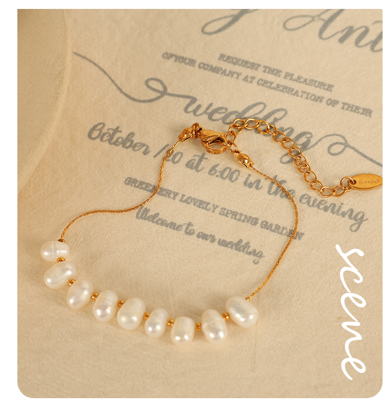 Women's 304 Stainless Steel Ion Plating (IP) 18K Gold Plated Beaded Polishing Plating Oval Freshwater Pearl Bracelets Imitation Pearl Jewelry