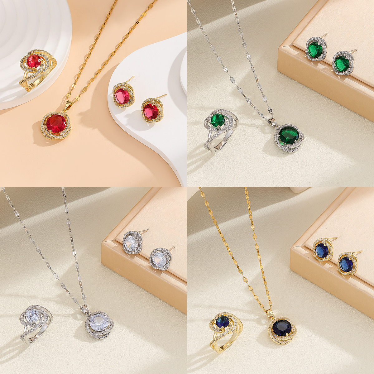 Elegant Retro French Style Copper Embedded Zirconia Ring Necklace Earring Set For Women Flashy Unique Three-piece Jewelry