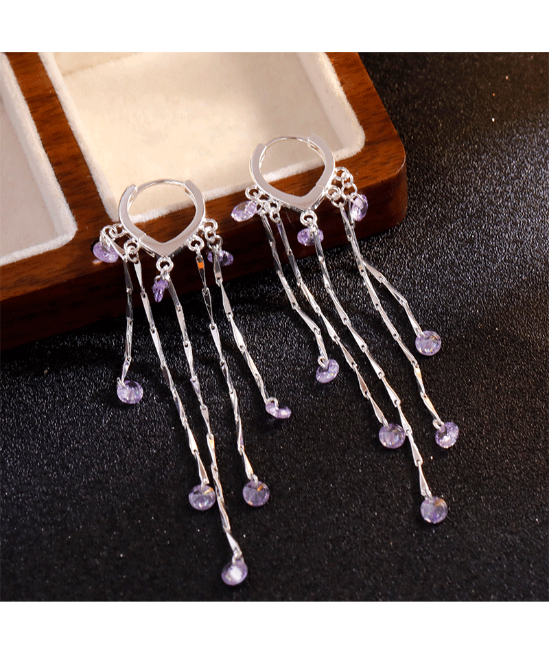 Elegant Long Purple Zircon Tassel Earrings Fashionable Luxury Trendy Versatile High-End Feelings Women's Jewelry Accessories