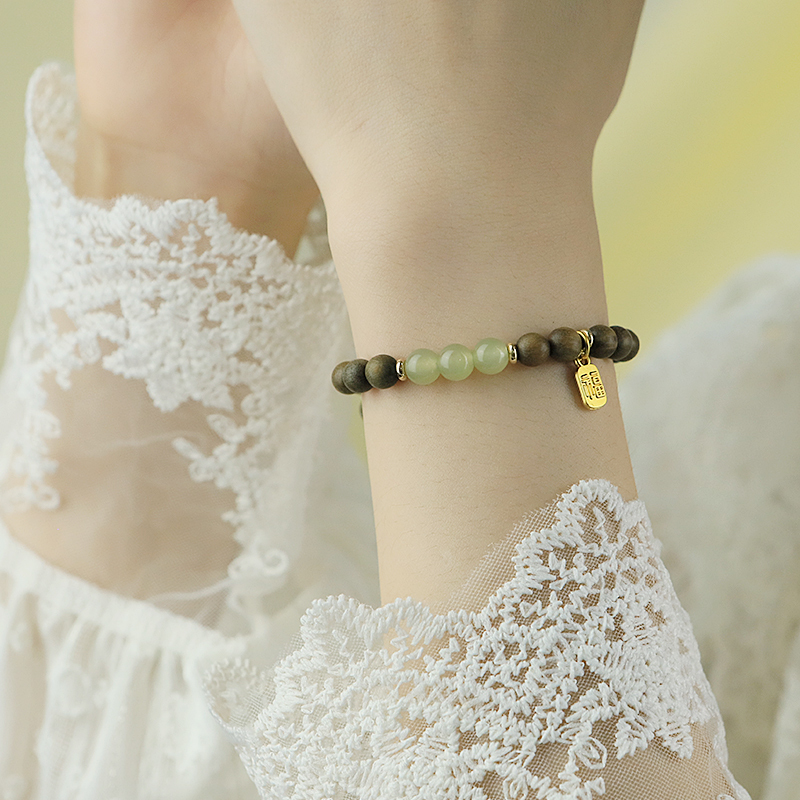 Original Cultural Play Accessories Retro Green Sandalwood Plated 18K Real Gold Hetian Jade Bracelet Bangle Small Niche New Chinese Style Hand Jewelry Small Gift