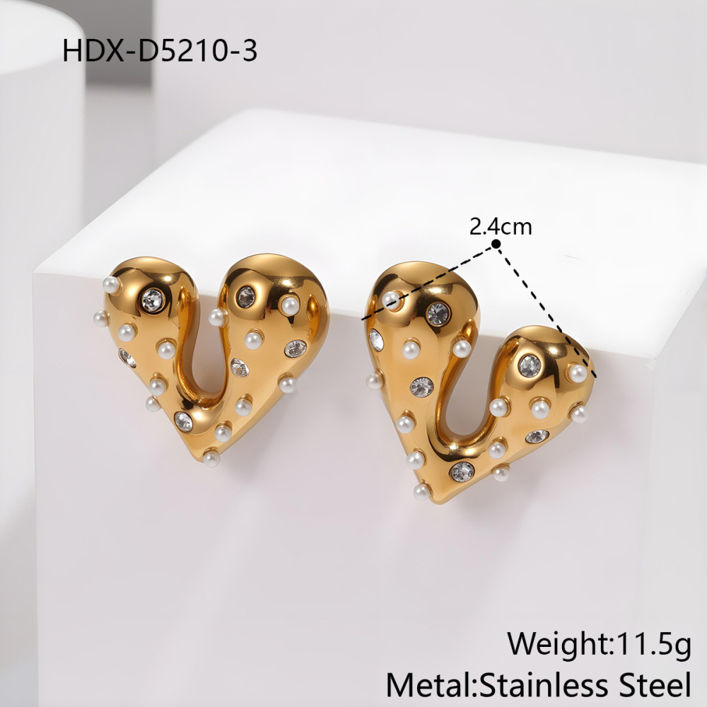 Fashionable Stainless Steel Diamond Embedded Earrings Irregular Heart Several Hoops Luxury 18K Gold Plated Women's Jewelry