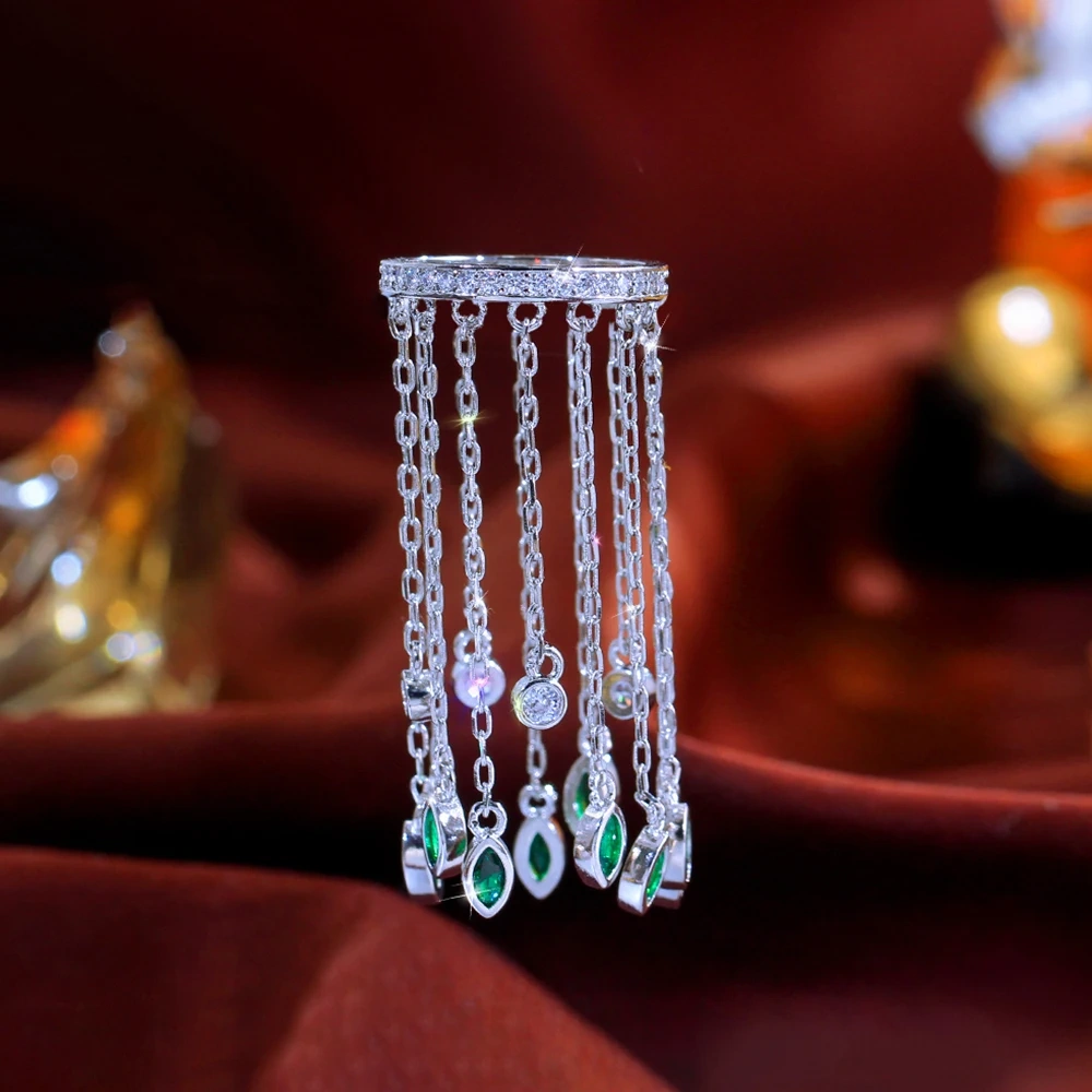 Copper Ring Women Luxury Green Cubic Zirconia Ultra Long Tassel Pendant Ring Fashion Party Dress Jewelry Accessories