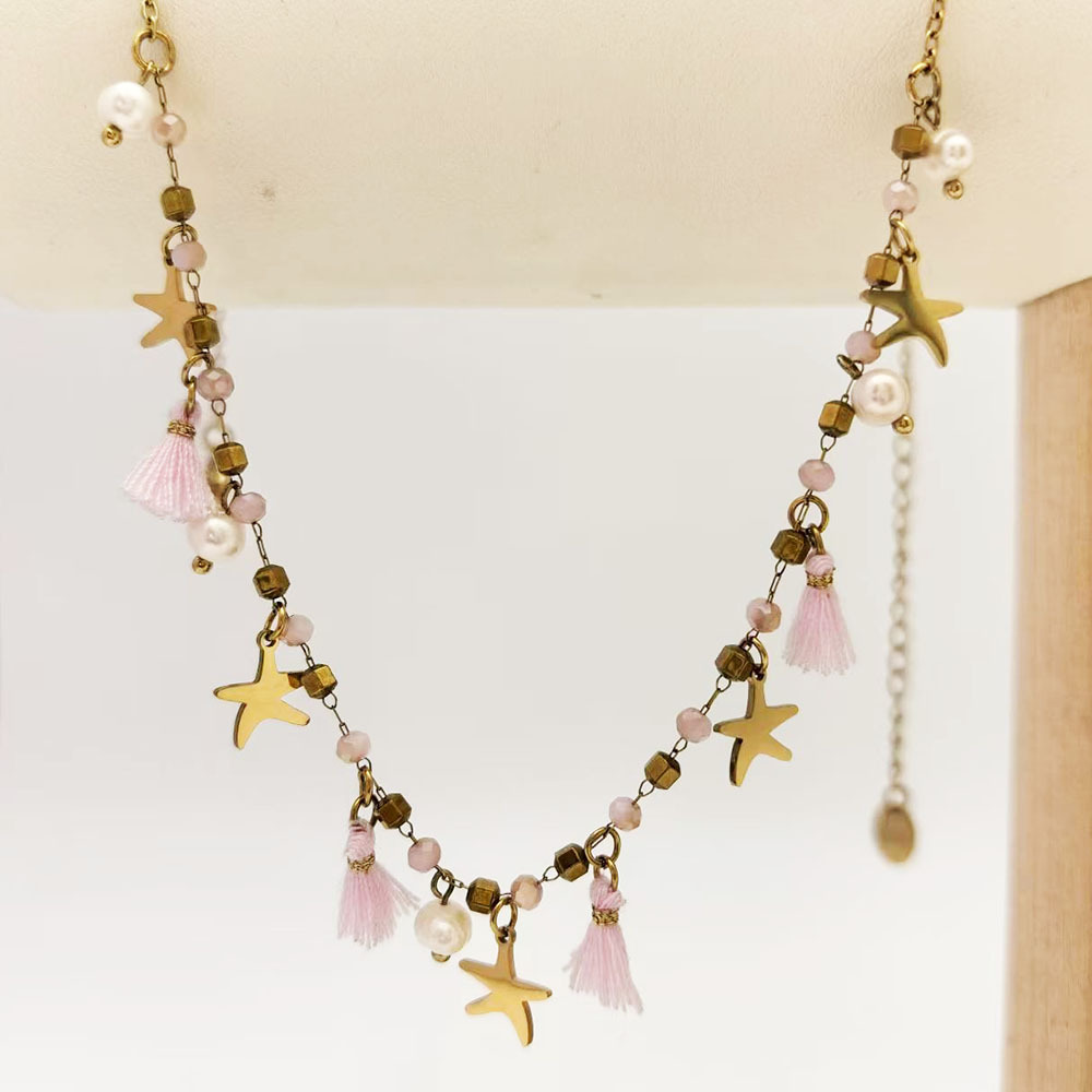 Handmade Bohemian Beach Tassel Necklace Women's Pearl Starfish Coast Jewelry Fashionable Stainless Steel Mixed Material