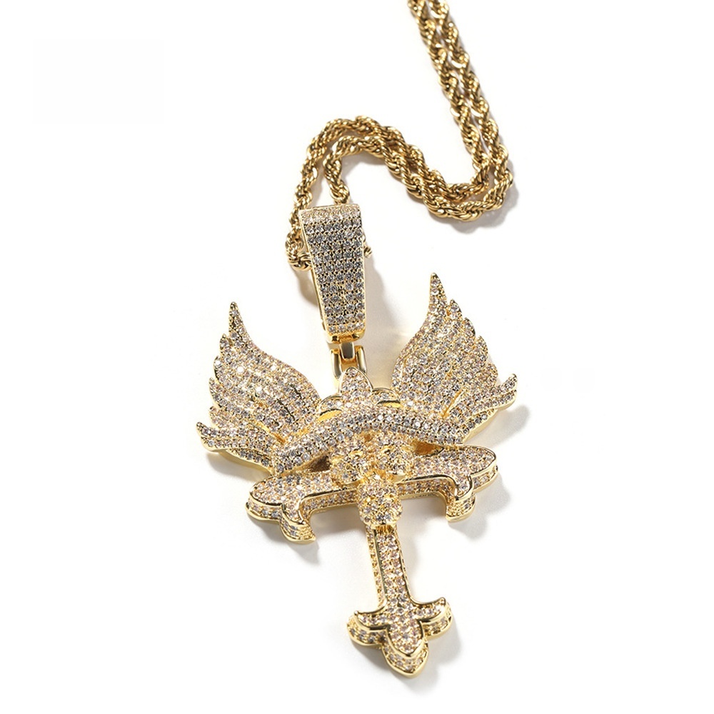 Creative Angel Wing Cross Necklace Couple Sweater Chain Hip Hop Style Geometric Pattern Copper Jewelry Accessories For Men And Women