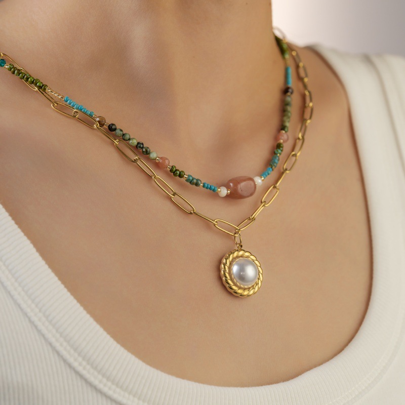 Vintage Natural Stone Beads Pearl Geometric Pattern 304 Stainless Steel Titanium Steel Pendant Necklace Women's High-End Luxury Layered Jewelry Accessories